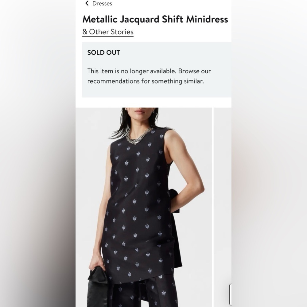 & Other Stories Black and Silver Bow Detail Metallic Jacquard Shift Mini Dress 4